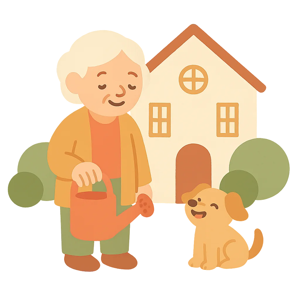 A kind person with a happy dog in front of a large house