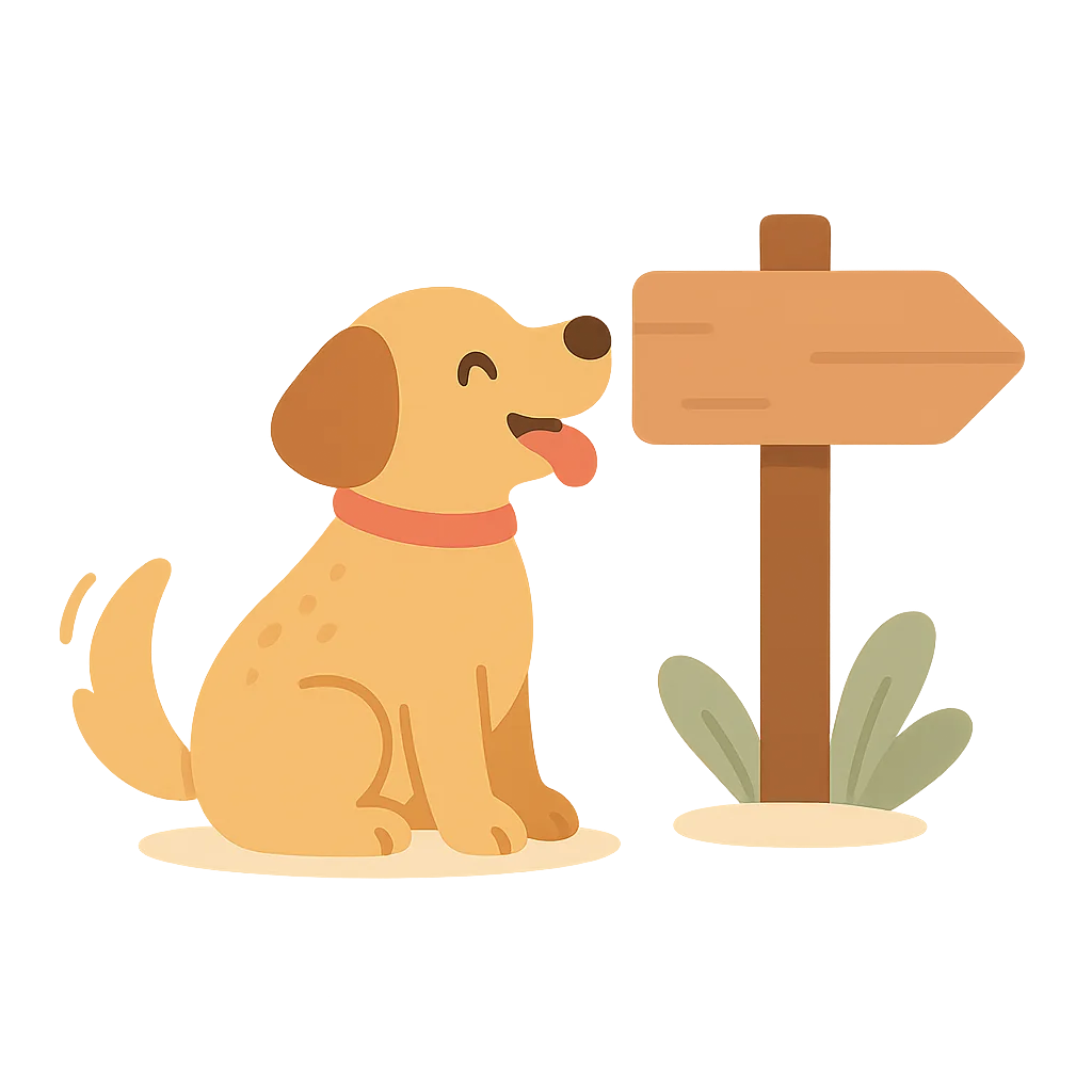 A happy little dog sitting by a signpost, waiting to join the route