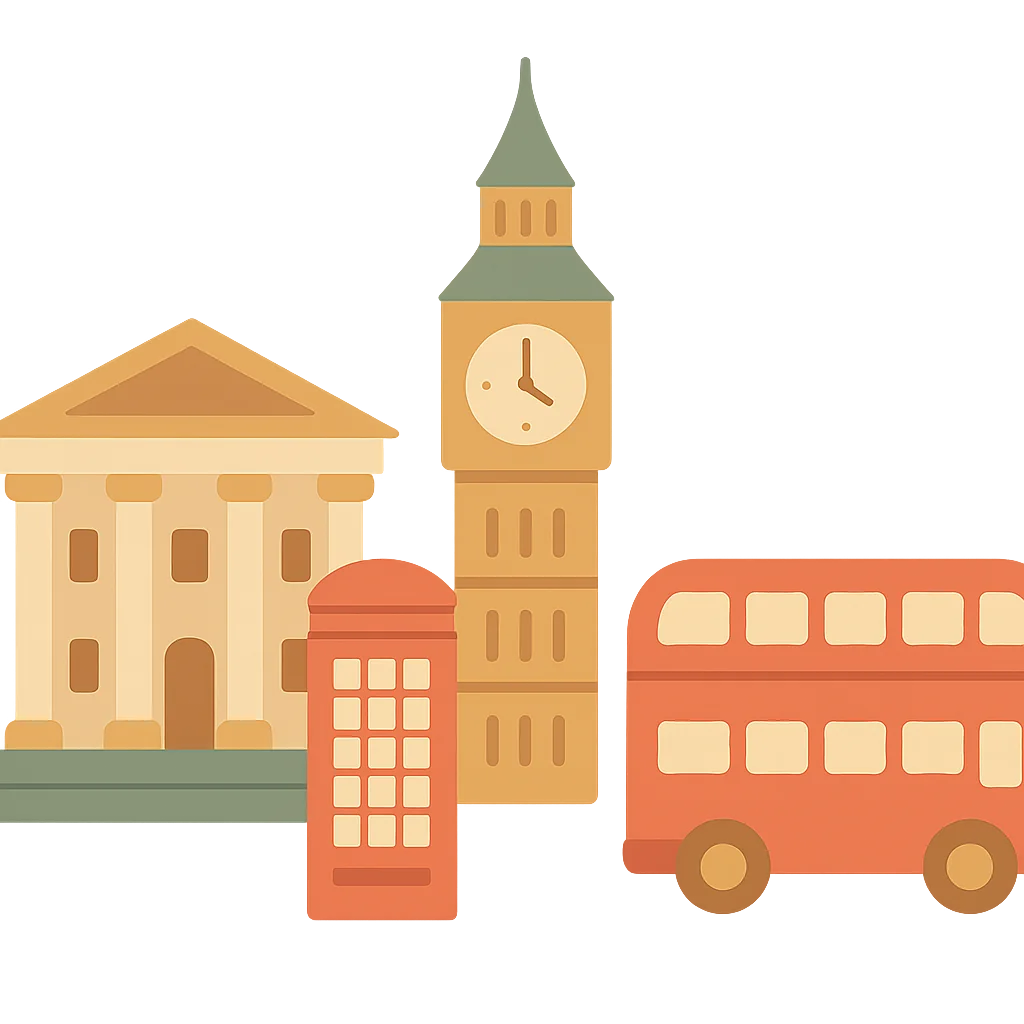 A London vignette with a clock tower and a double-decker bus