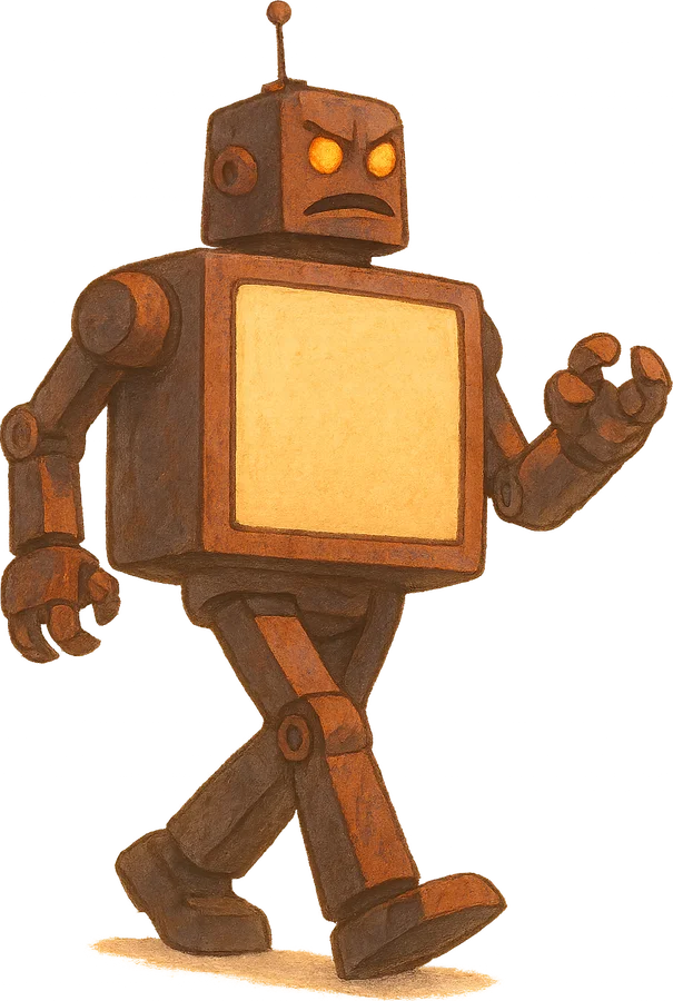 A big menacing rusty robot striding forward with a screen on its chest